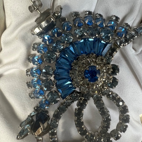 Vintage Rare Early Sherman Brooch Earrings Dome Signed Blue Rhinestones - Picture 7 of 17